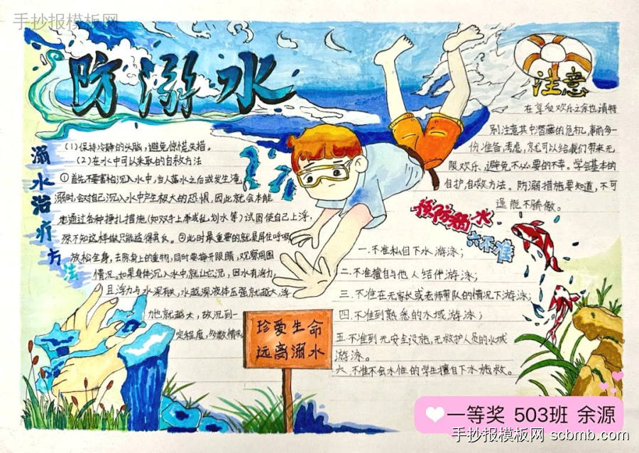 预防溺水，平安相伴|防溺水手抄报一等奖作品-第6张